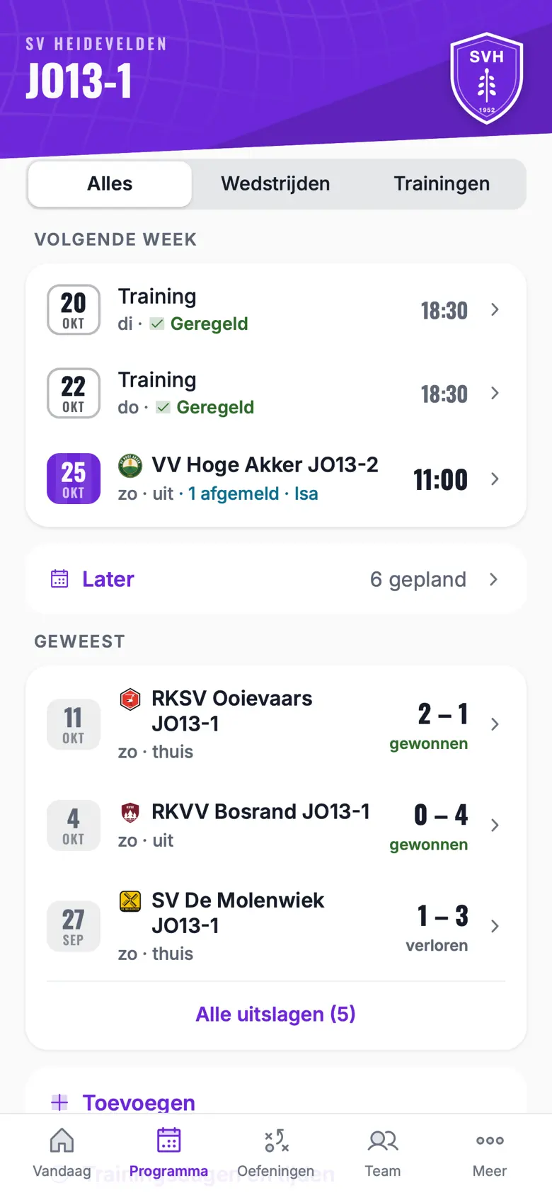 Het programma van JO13-1: twee trainingen en de uitwedstrijd bij VV Hoge Akker, waarvoor Isa is afgemeld