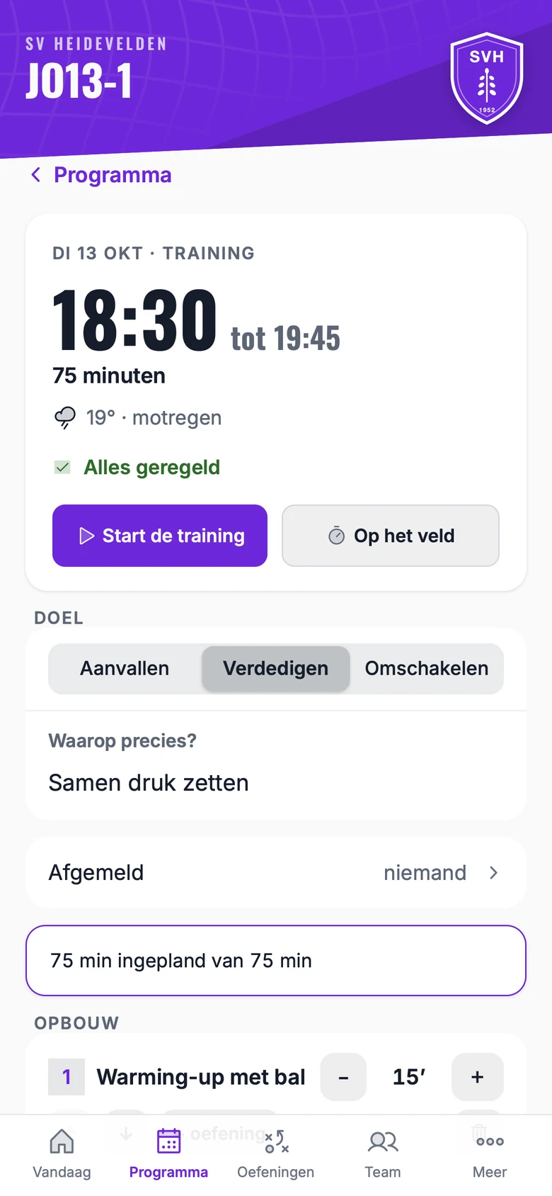 De training van dinsdag 18:30: het doel van de training en de opbouw in onderdelen